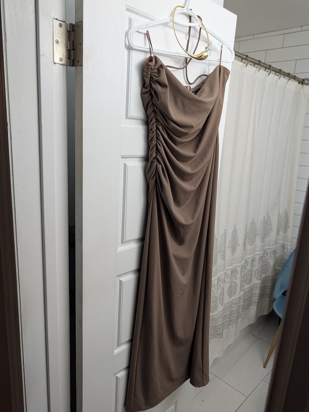 Tik Tok Viral Zara Taupe Side Ruched Strapless Maxi Dress NWOT